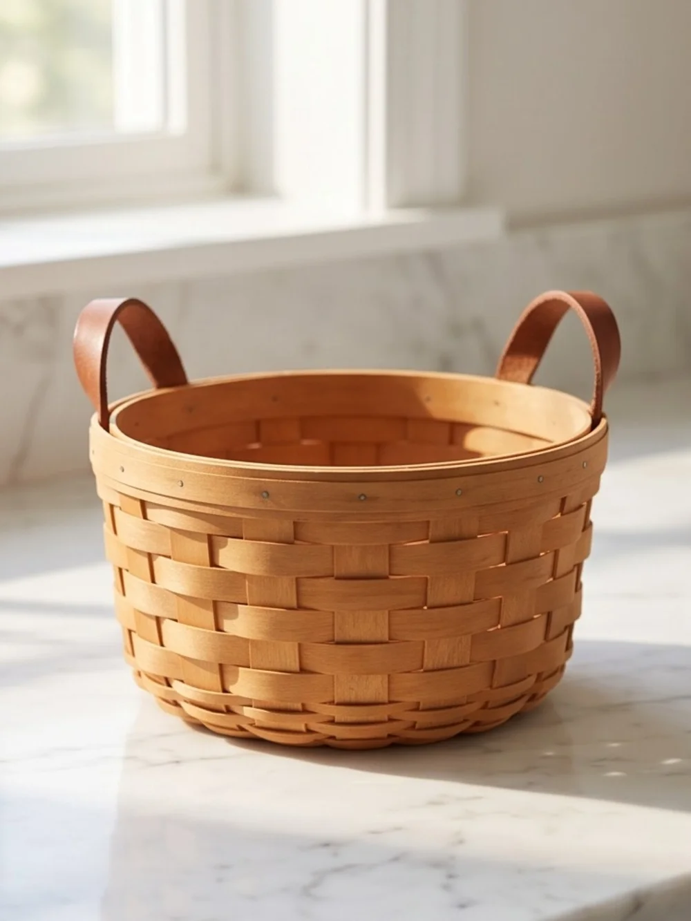Longaberger Natural Wood Basket with Brown Leather Handles Circa 99', 93'